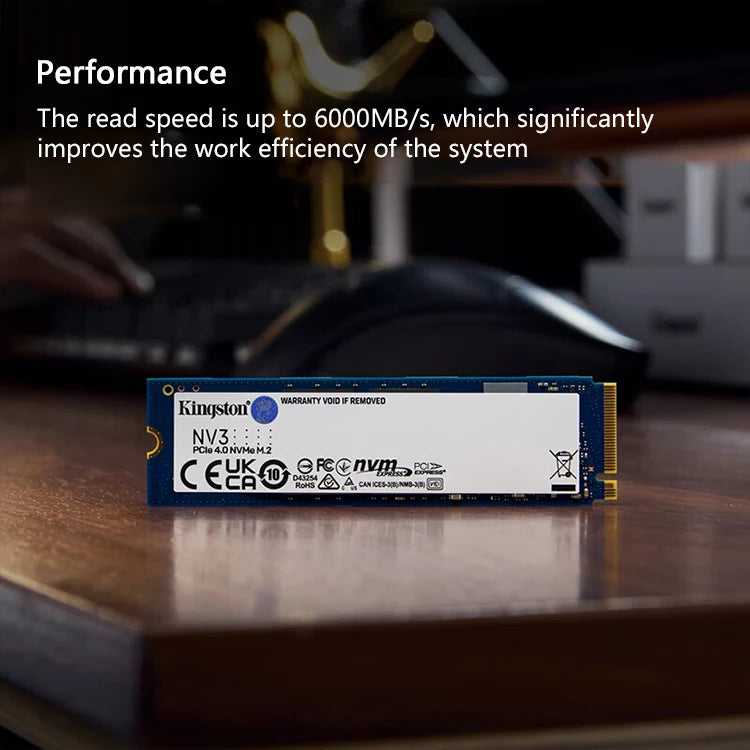 Kingston NV3 SSD on a desk with text about read speed and system efficiency.