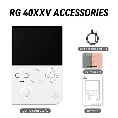 Game console with accessories including a charging cable, user manual, and gift box on a white background.