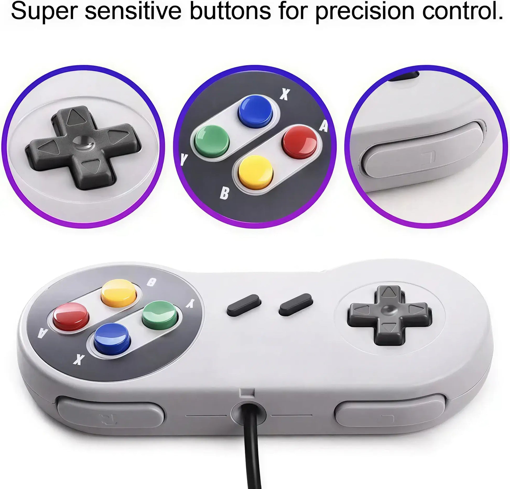 Retro game console controller with a directional pad, four colored buttons, and two side buttons for gameplay.