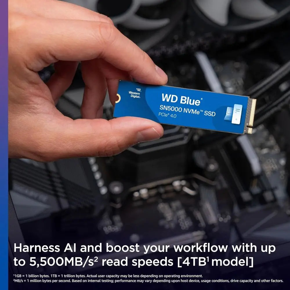 Hand holding a WD Blue SSD with text about AI and read speeds.
