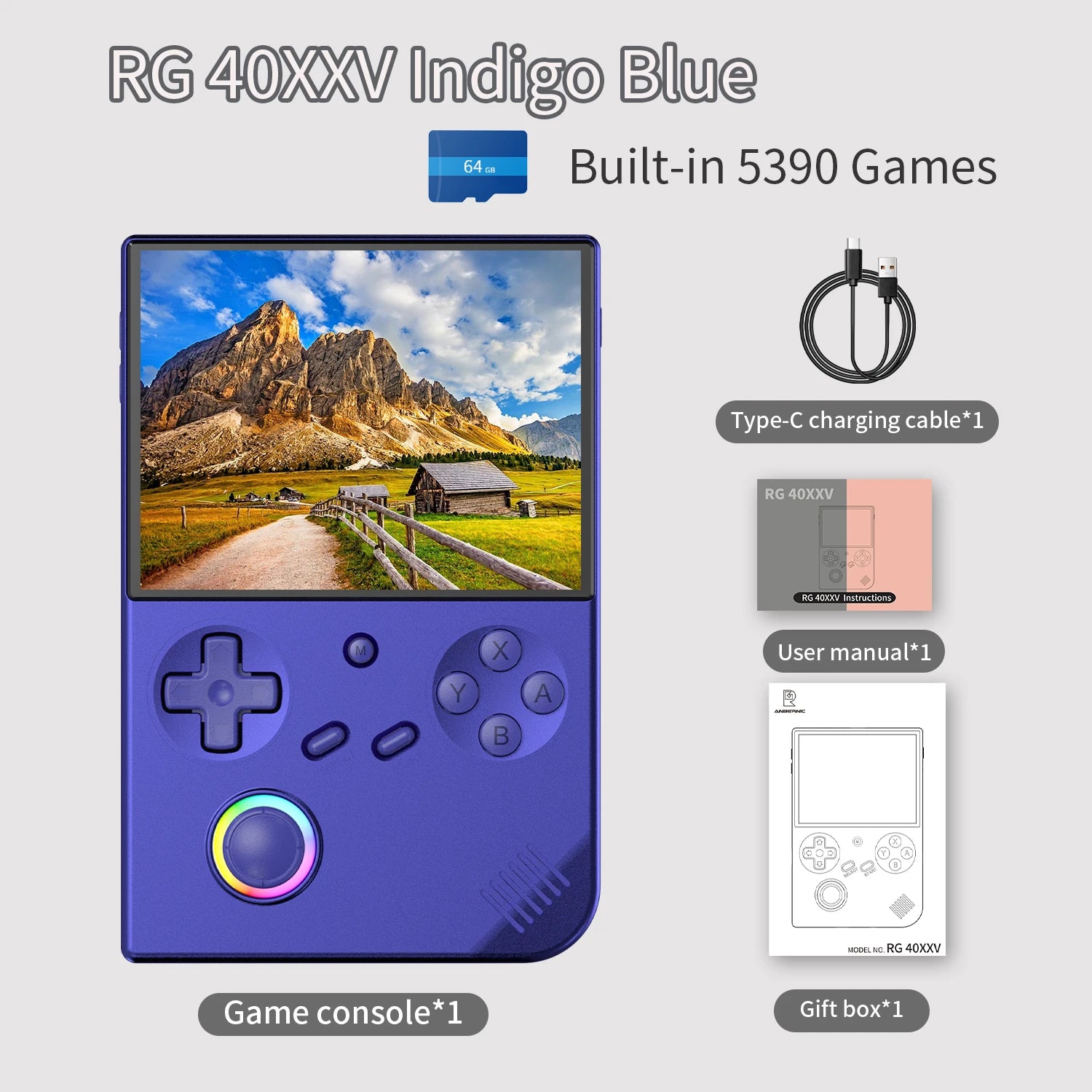 Purple game console with screen displaying mountain landscape, surrounded by accessories on a light gray background.
