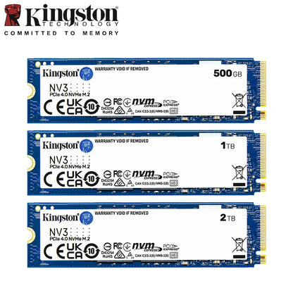 Kingston NVMe solid-state drives with different capacities on a white background