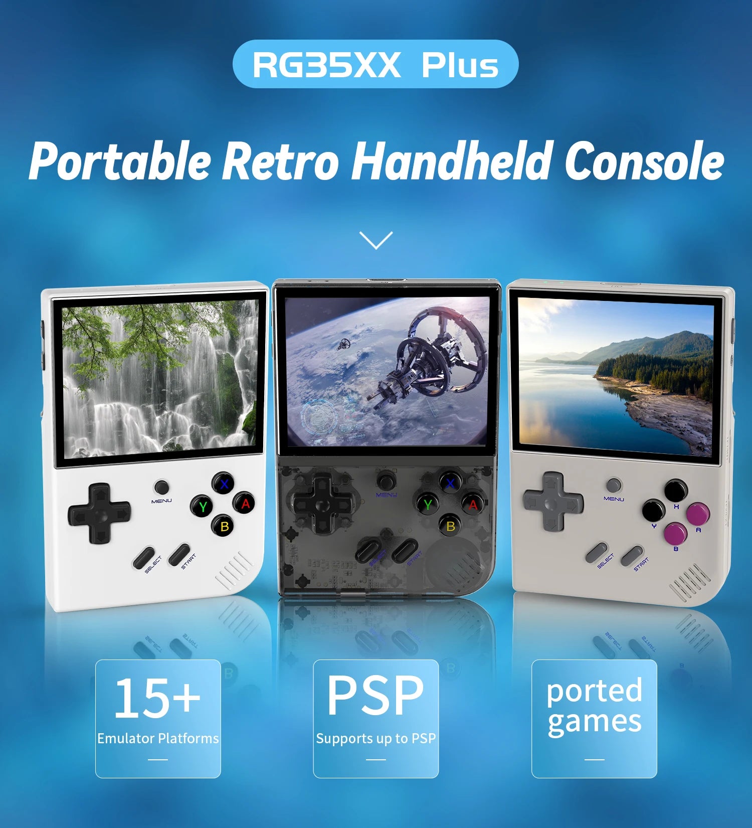 Portable retro handheld console with screen displays on a blue gradient background