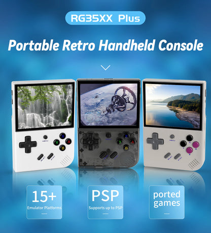 Portable retro handheld console with screen displays on a blue gradient background