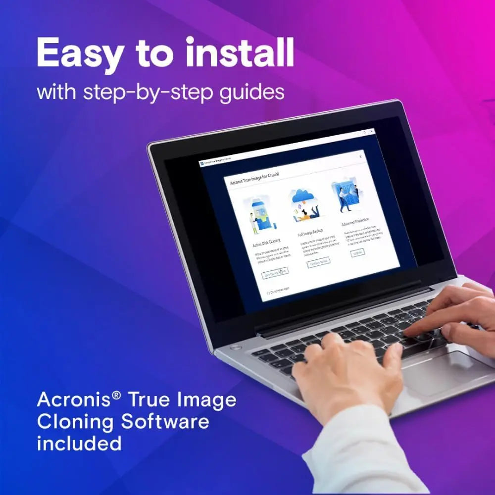 Laptop with Acronis True Image software on a purple and blue gradient background