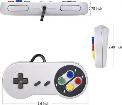 Retro game console with two controllers, featuring a classic design and colorful buttons, dimensions labeled for reference.