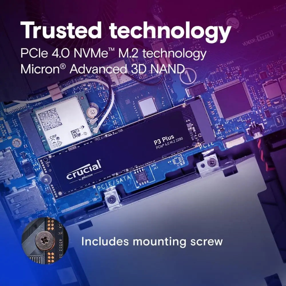 Crucial M.2 solid-state drive on a motherboard with text about technology features.