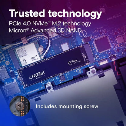 Crucial M.2 solid-state drive on a motherboard with text about technology features.