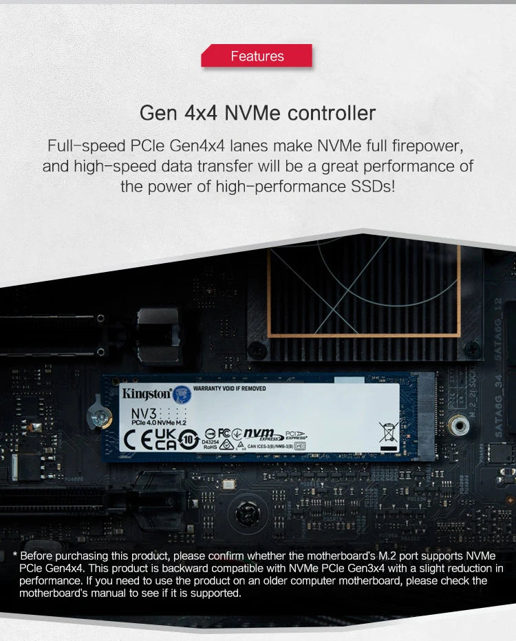 Kingston NVMe SSD on a motherboard with text about Gen 4x4 NVMe controller features.