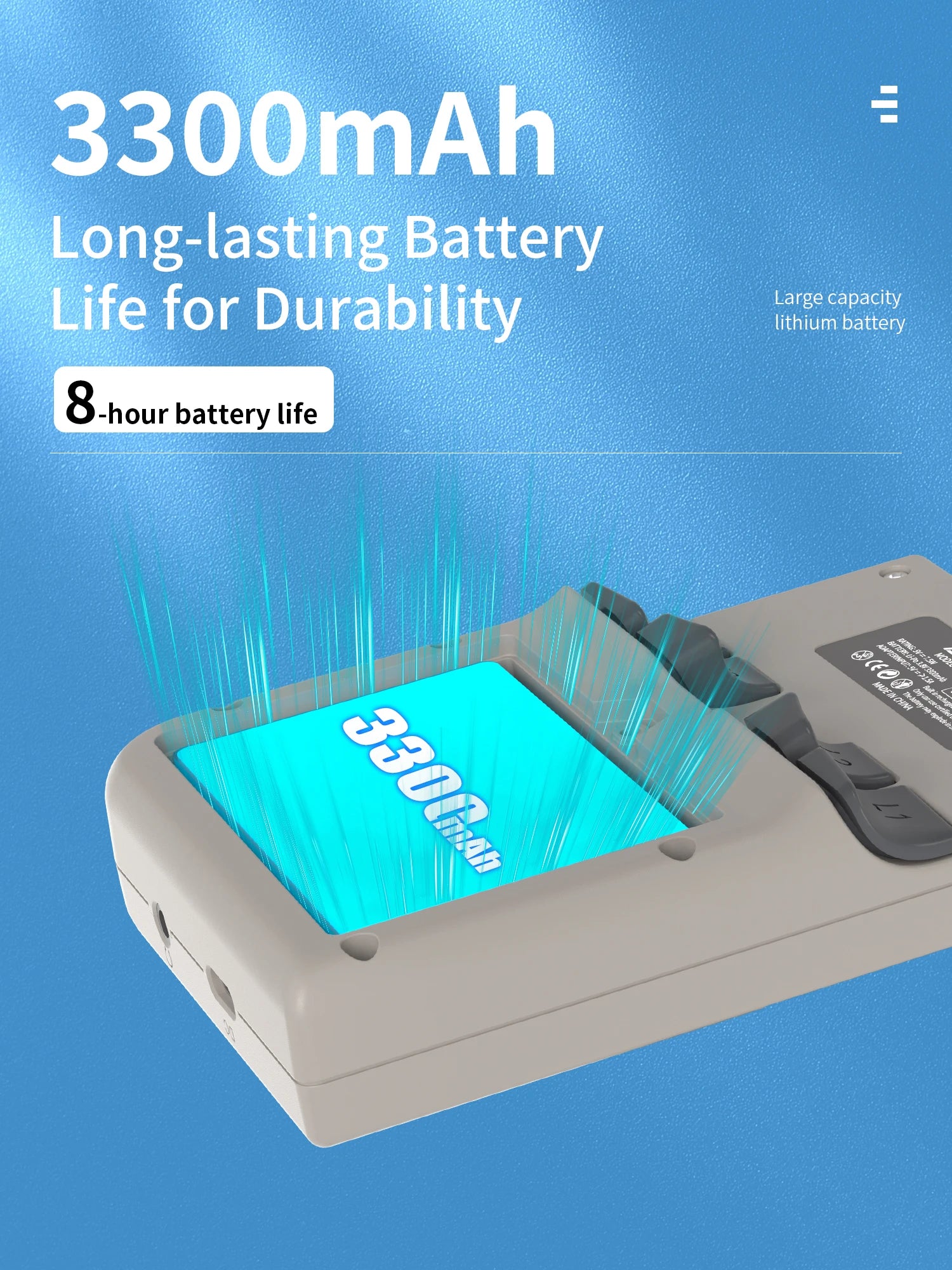Battery pack with 3300mAh label on a blue background