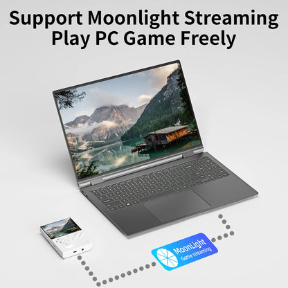 Laptop displaying a scenic mountain view with 'Support Moonlight Streaming Play PC Game Freely' text above.