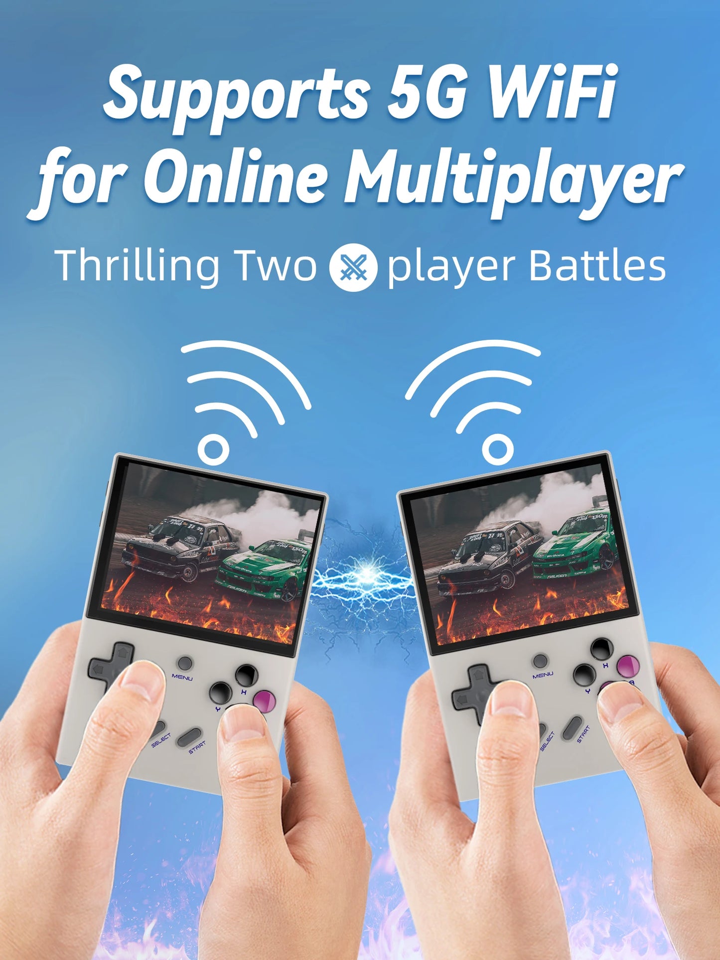 Two hands holding gaming controllers with a blue background and text about 5G WiFi and online multiplayer.