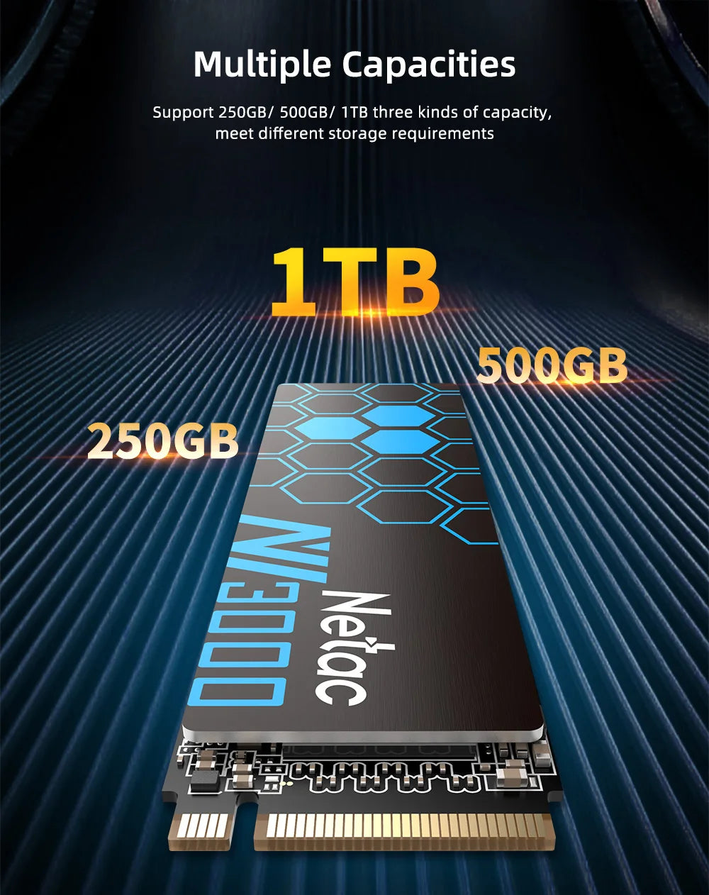 Netac solid-state drive with capacity options displayed on a dark background