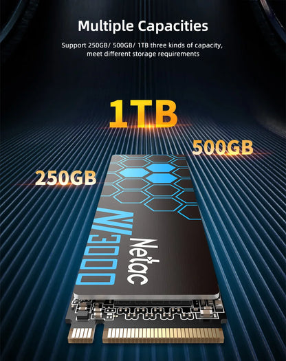 Netac solid-state drive with capacity options displayed on a dark background