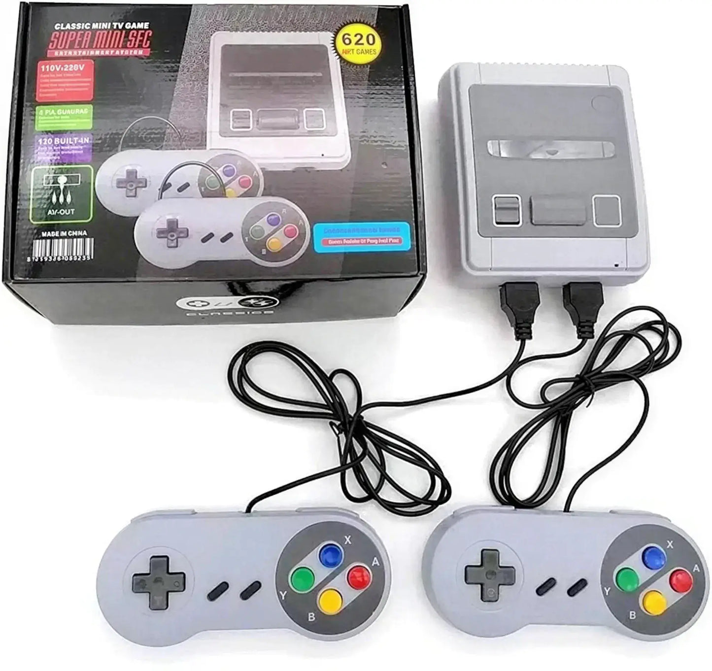 Retro game console in gray with two controllers, featuring 620 built-in games, displayed in its box.