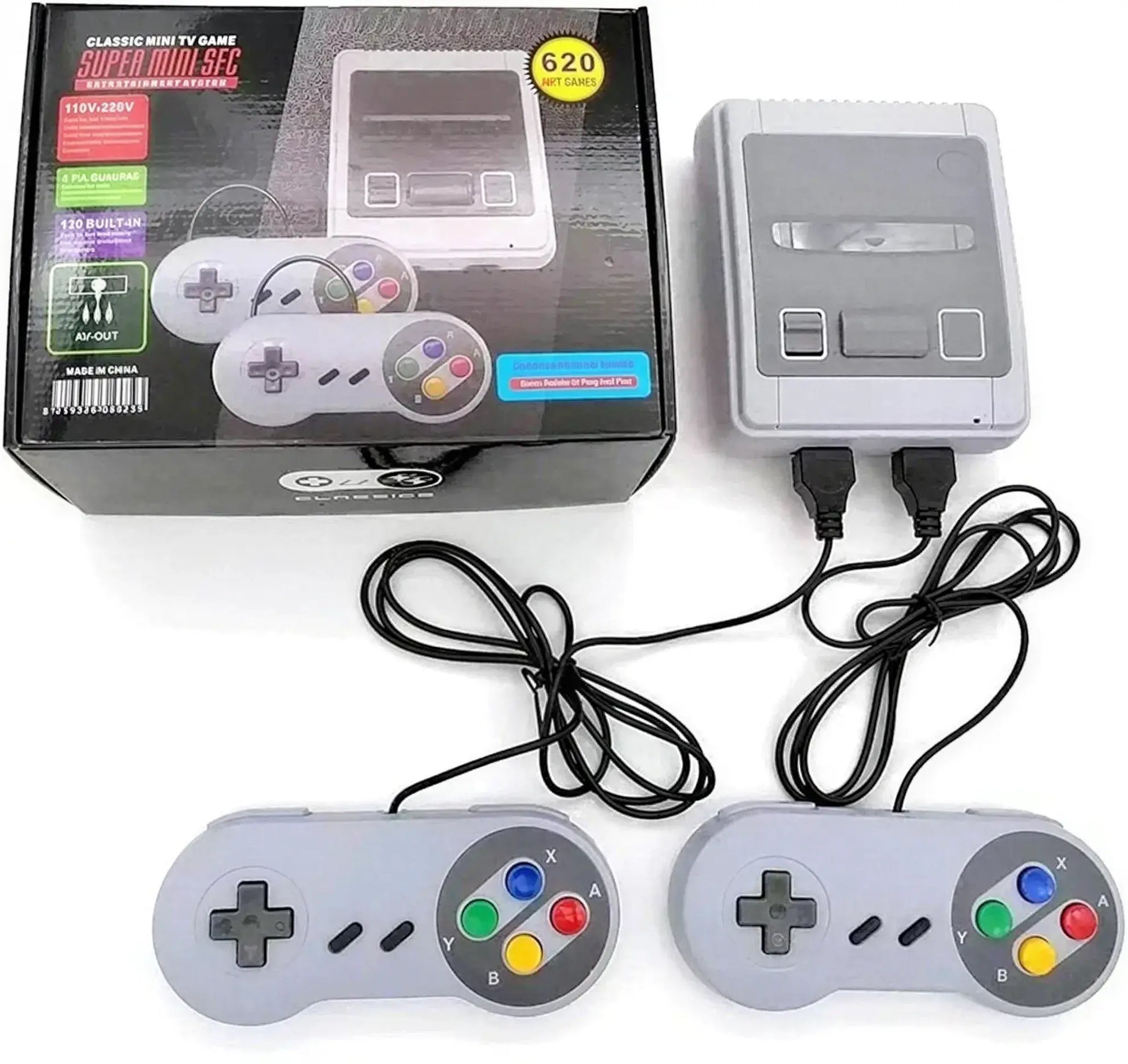 Retro game console in gray with two controllers, featuring 620 built-in games, displayed in its box.