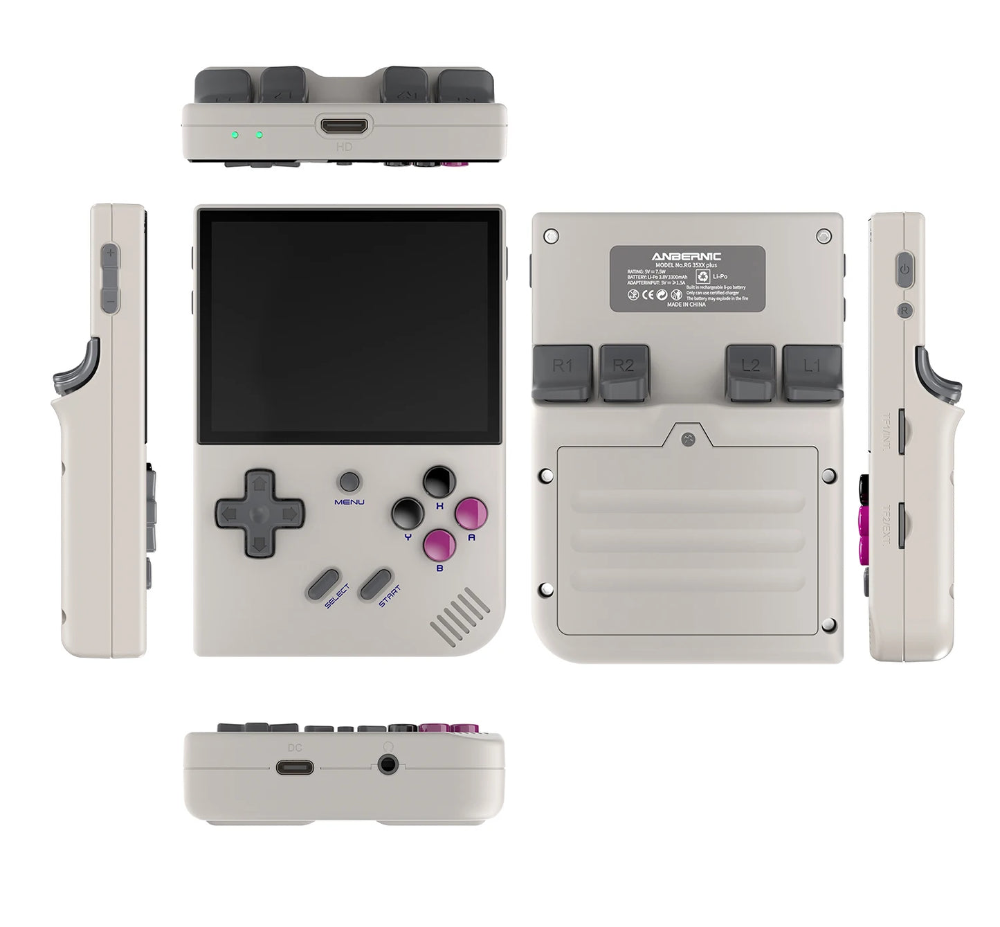 Gray handheld gaming console with screen and control buttons on a white background