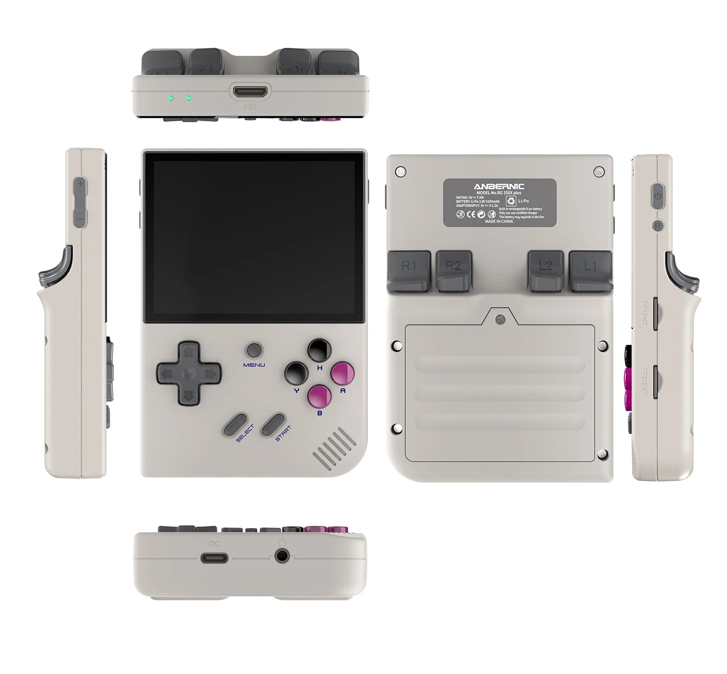 Gray handheld gaming console with screen and control buttons on a white background