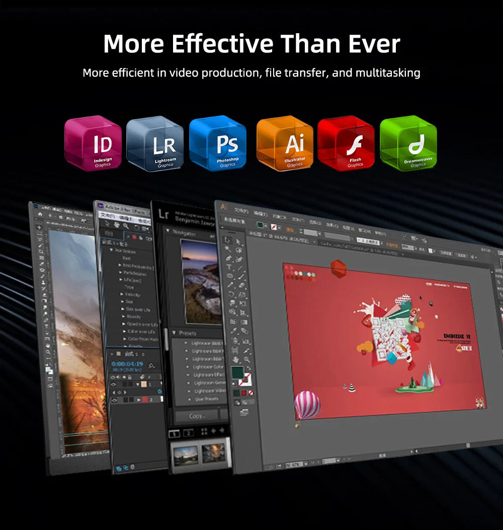 Software interface with multiple applications open on a computer screen, featuring icons of popular design and photo editing software.