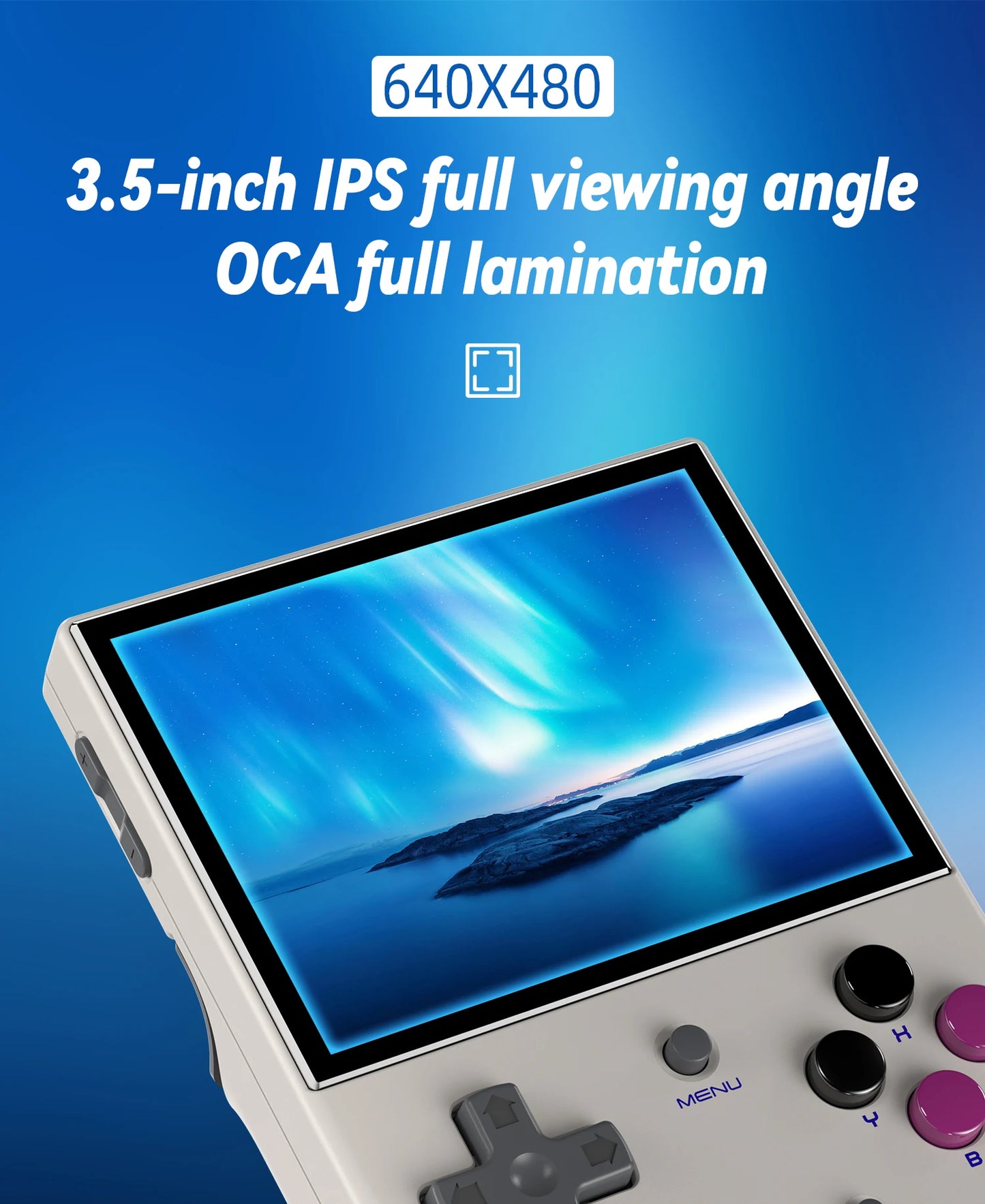 Handheld gaming console with a 3.5-inch IPS display on a blue background
