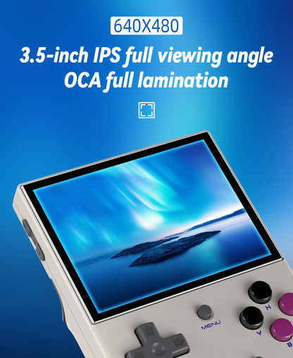 Handheld gaming console with a 3.5-inch IPS display on a blue background
