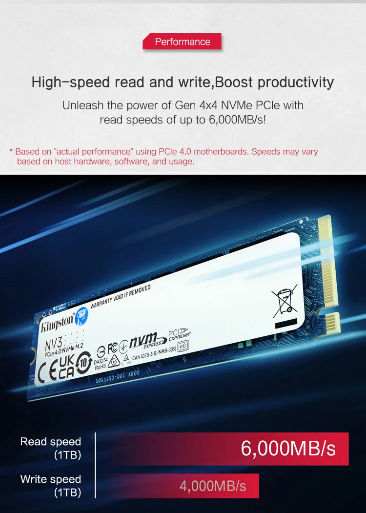 Kingston NVMe solid-state drive with performance specifications on a dark background