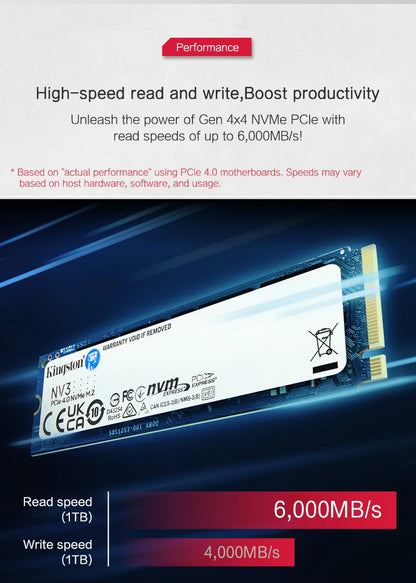 Kingston NVMe solid-state drive with performance specifications on a dark background