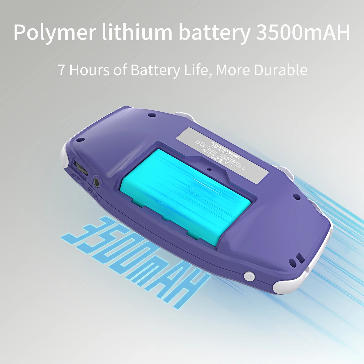 ANBERNIC RG34XX retro handheld gaming console with a blue battery cover and visible 3500mAh label on the back.