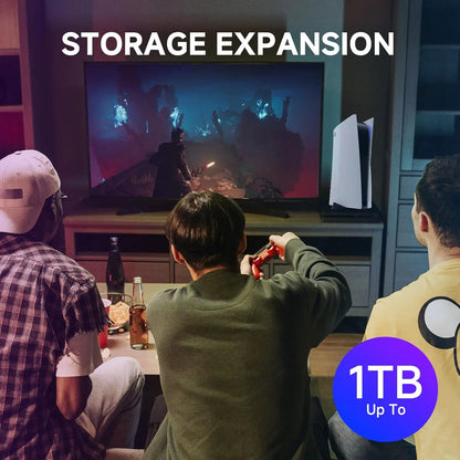 Three people playing video games with a focus on storage expansion advertisement.