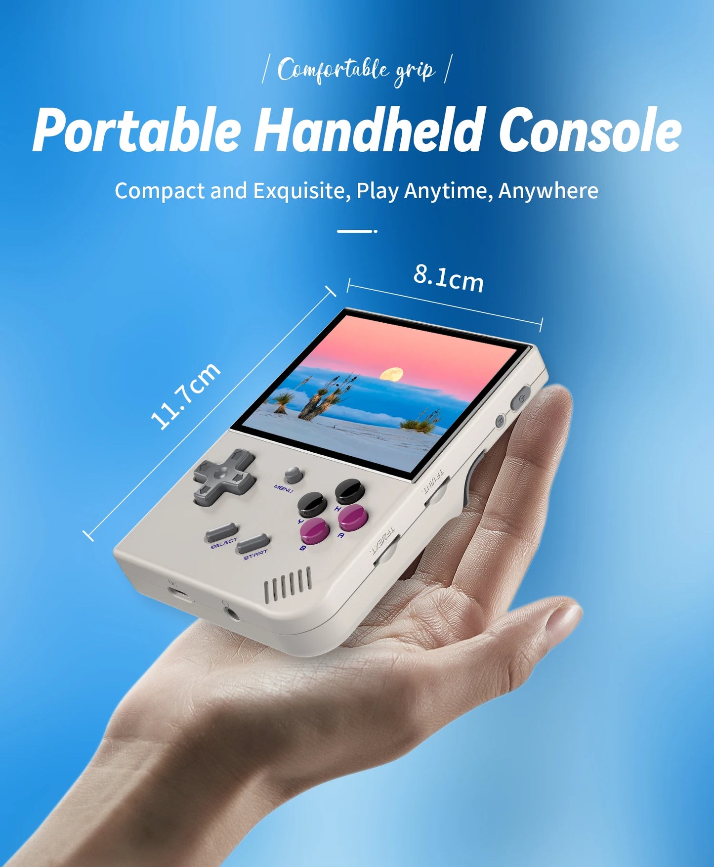 Portable handheld console held in a hand with a blue background