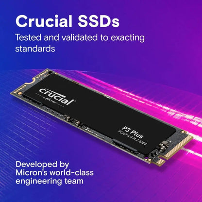 Crucial SSD with branding and text on a purple and pink gradient background