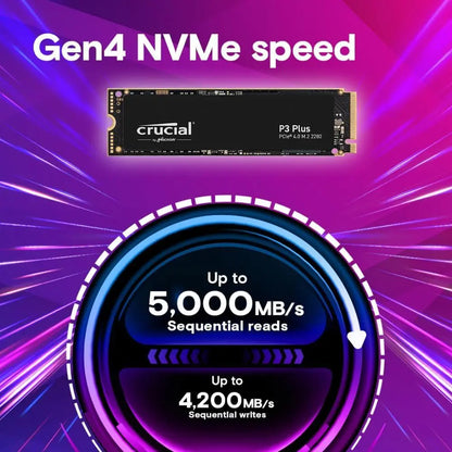 Crucial P3 Plus NVMe solid-state drive with Gen4 NVMe speed text on a purple background