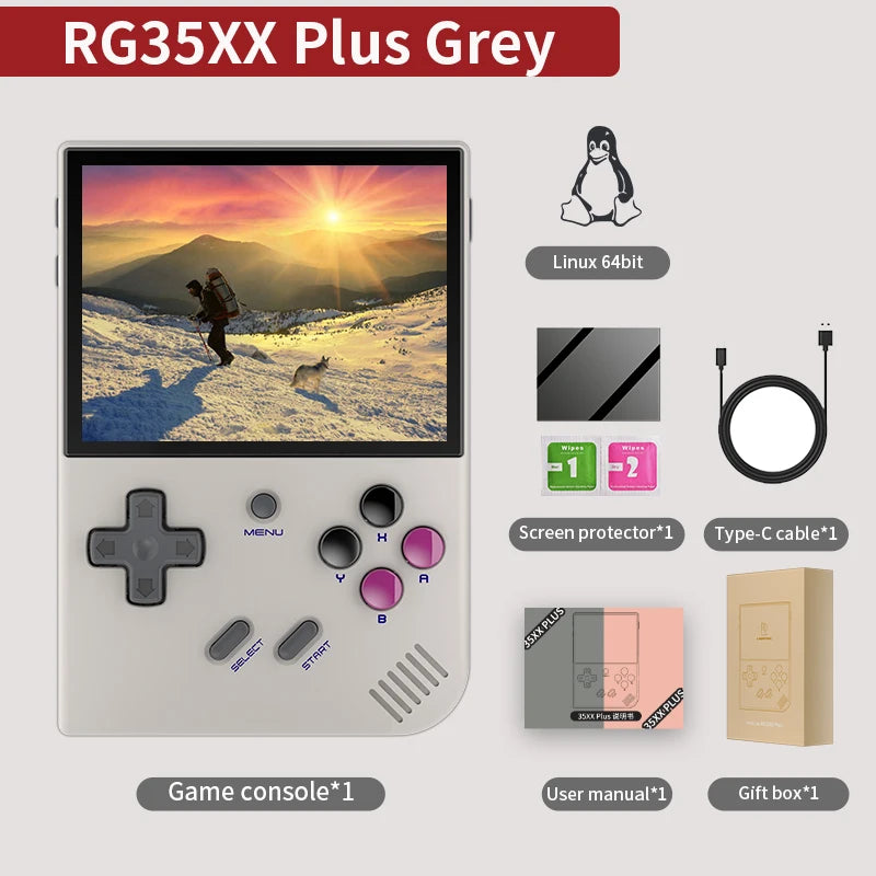 Handheld game console with screen protector, type-C cable, screen guard, user manual, and gift box on a white background.