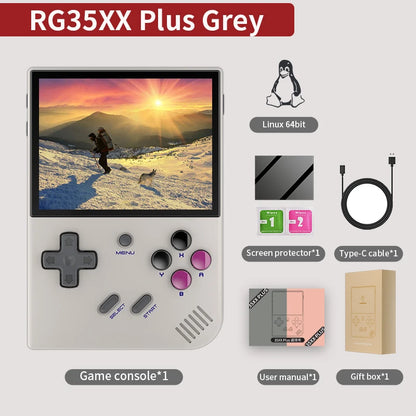 Handheld game console with screen protector, type-C cable, screen guard, user manual, and gift box on a white background.