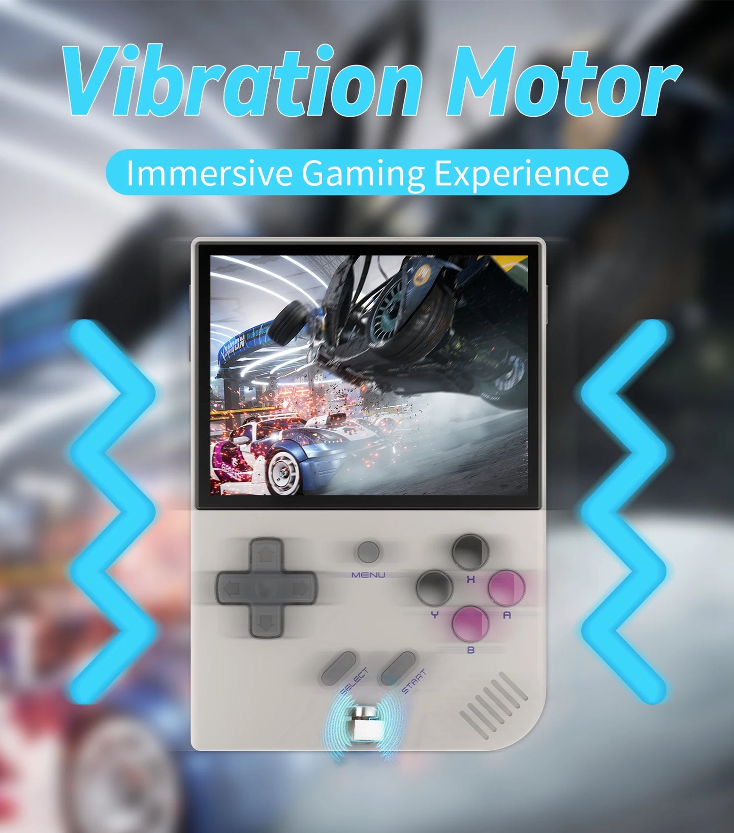 Handheld gaming console with screen displaying a racing game, text 'Vibration Motor' and 'Immersive Gaming Experience' above.