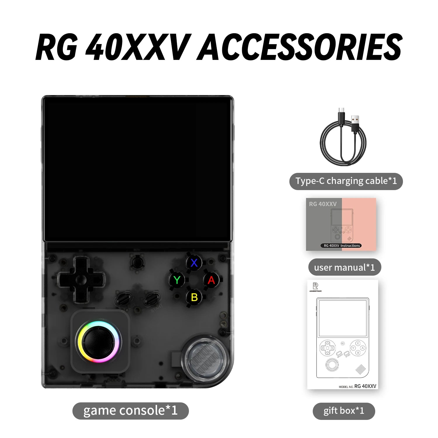 Game console with accessories including a charging cable, user manual, and gift box on a white background.