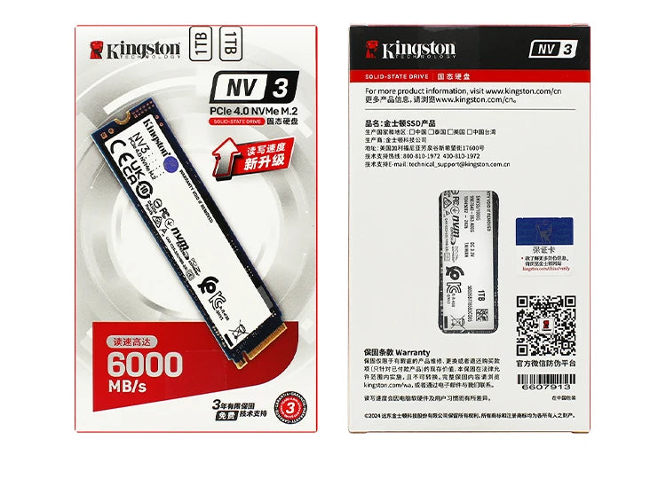 Kingston NV3 SSD packaging with specifications on a white background