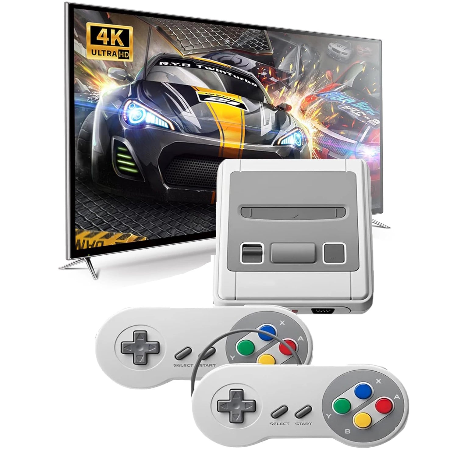 Retro game console with two controllers, displayed in front of a TV showing racing game graphics.