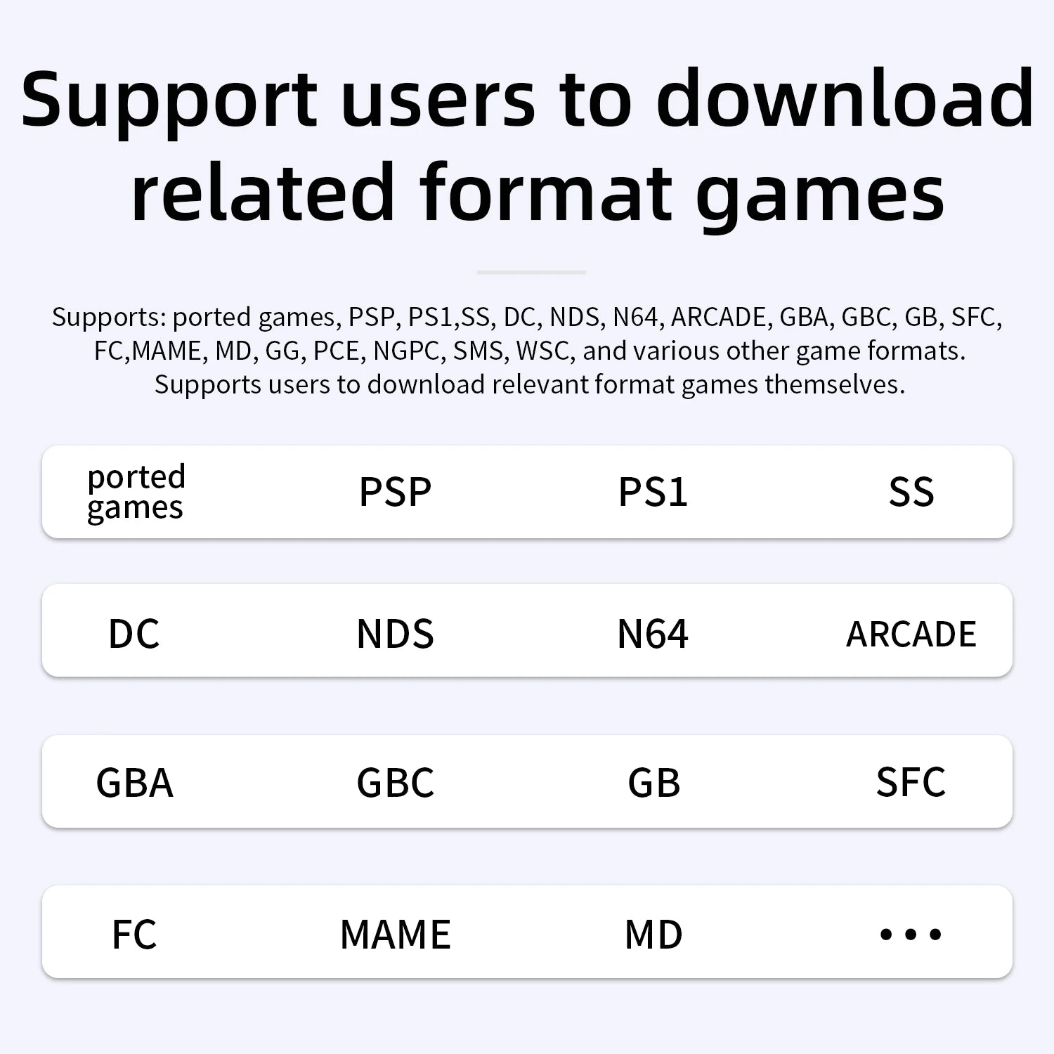 List of game formats supported for download on a white background