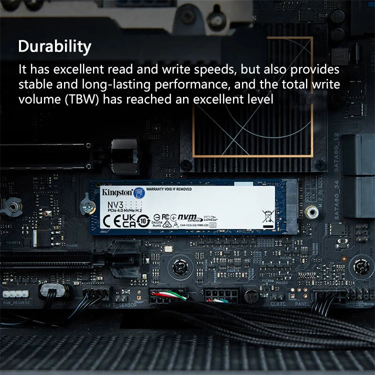 Kingston NV3 SSD on a motherboard with text about durability and performance.