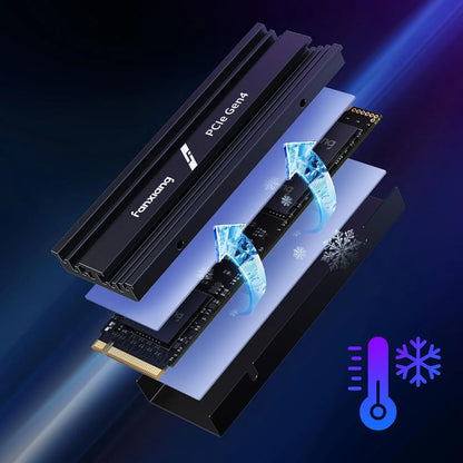 Computer hardware components with cooling graphics on a dark background