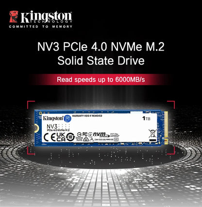 Kingston NV3 PCIe 4.0 NVMe M.2 solid state drive with specifications on a dark background