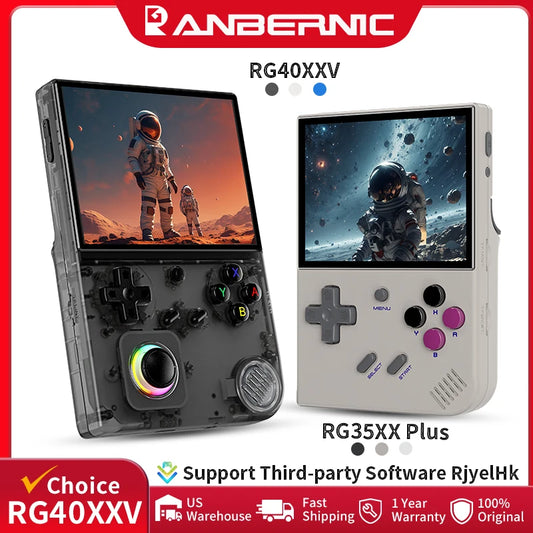 Two handheld gaming consoles with screens displaying space-themed graphics, branded as Anbernic.