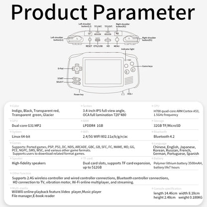 ANBERNIC RG34XX retro handheld gaming console with 3.4" IPS screen, featuring a transparent green design and multiple butt...