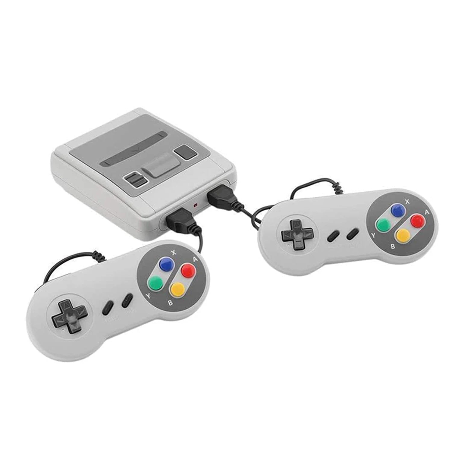 Retro game console in gray with two controllers featuring colored buttons, connected via cables.