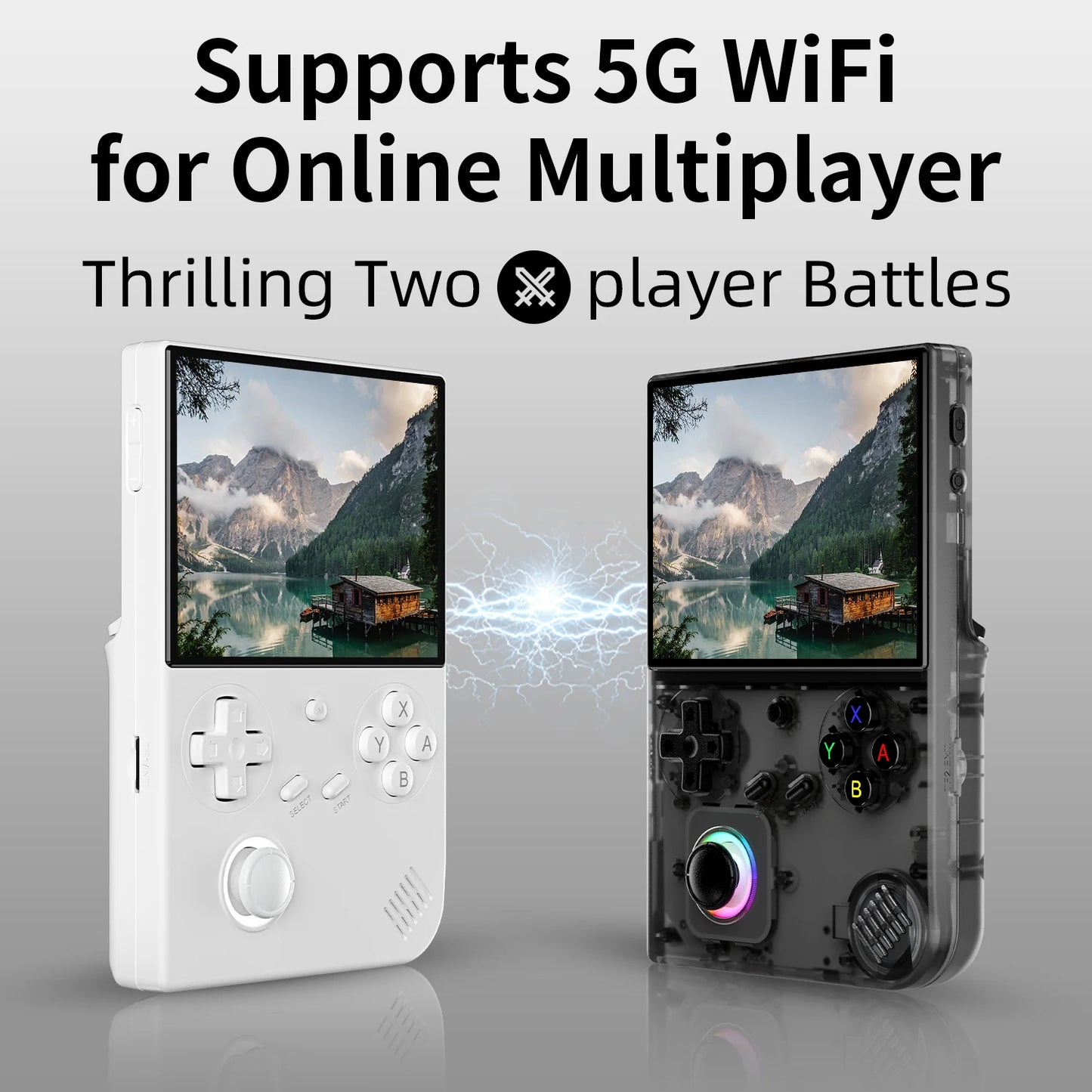 Two handheld gaming devices with screens displaying mountain scenes, text about 5G WiFi and online multiplayer on a gray background.