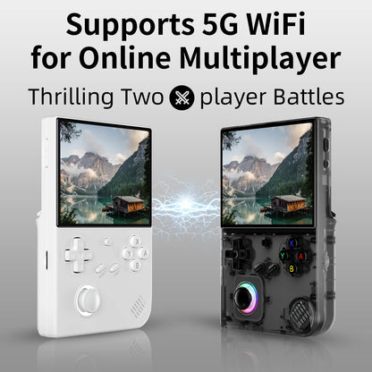 Two handheld gaming devices with screens displaying mountain scenes, text about 5G WiFi and online multiplayer on a gray background.
