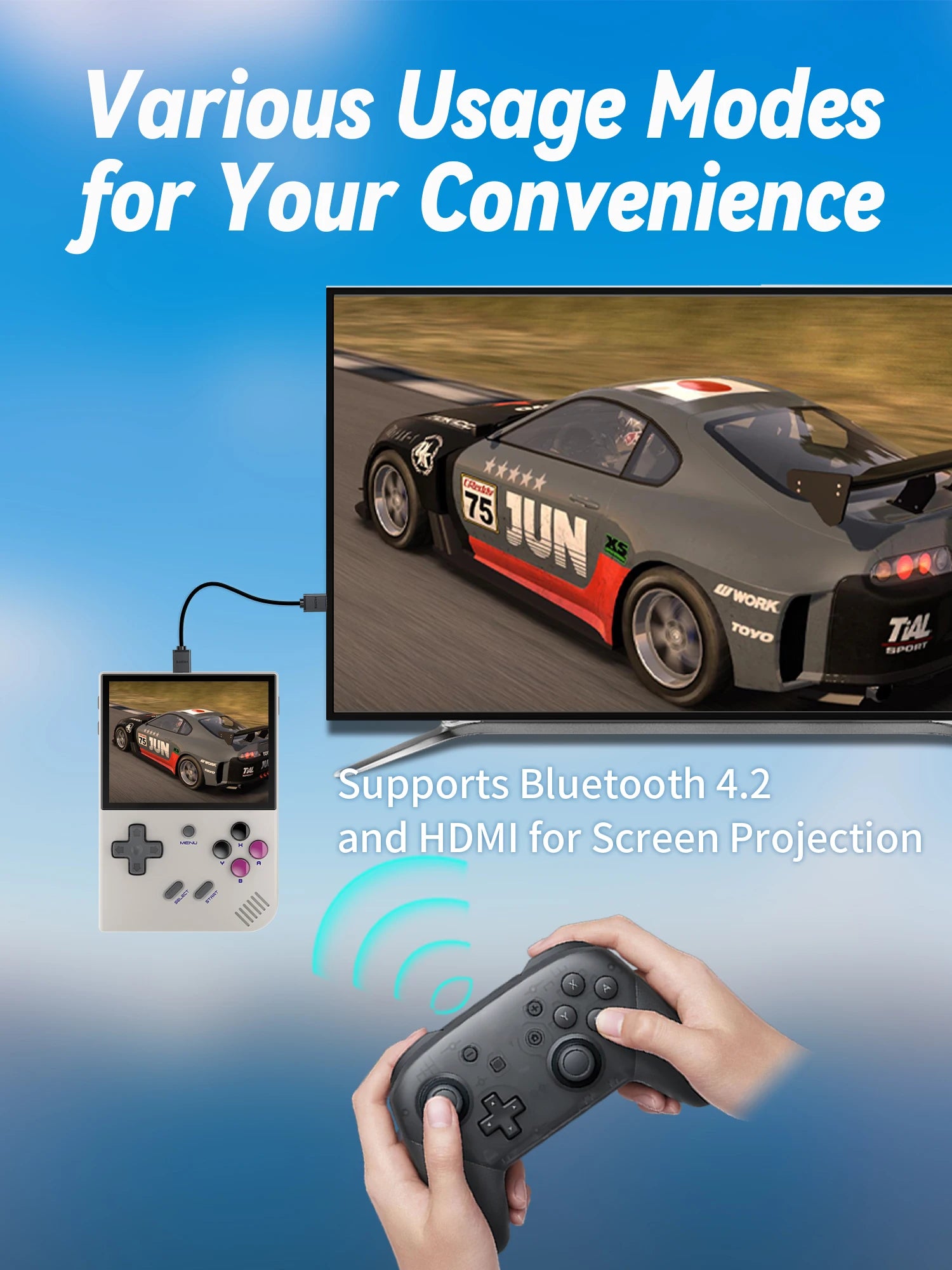 Gaming console with screen projection setup, showing a racing game on a TV and handheld controller.