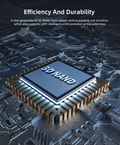 3D NAND flash memory chip on a circuit board with text about efficiency and durability.
