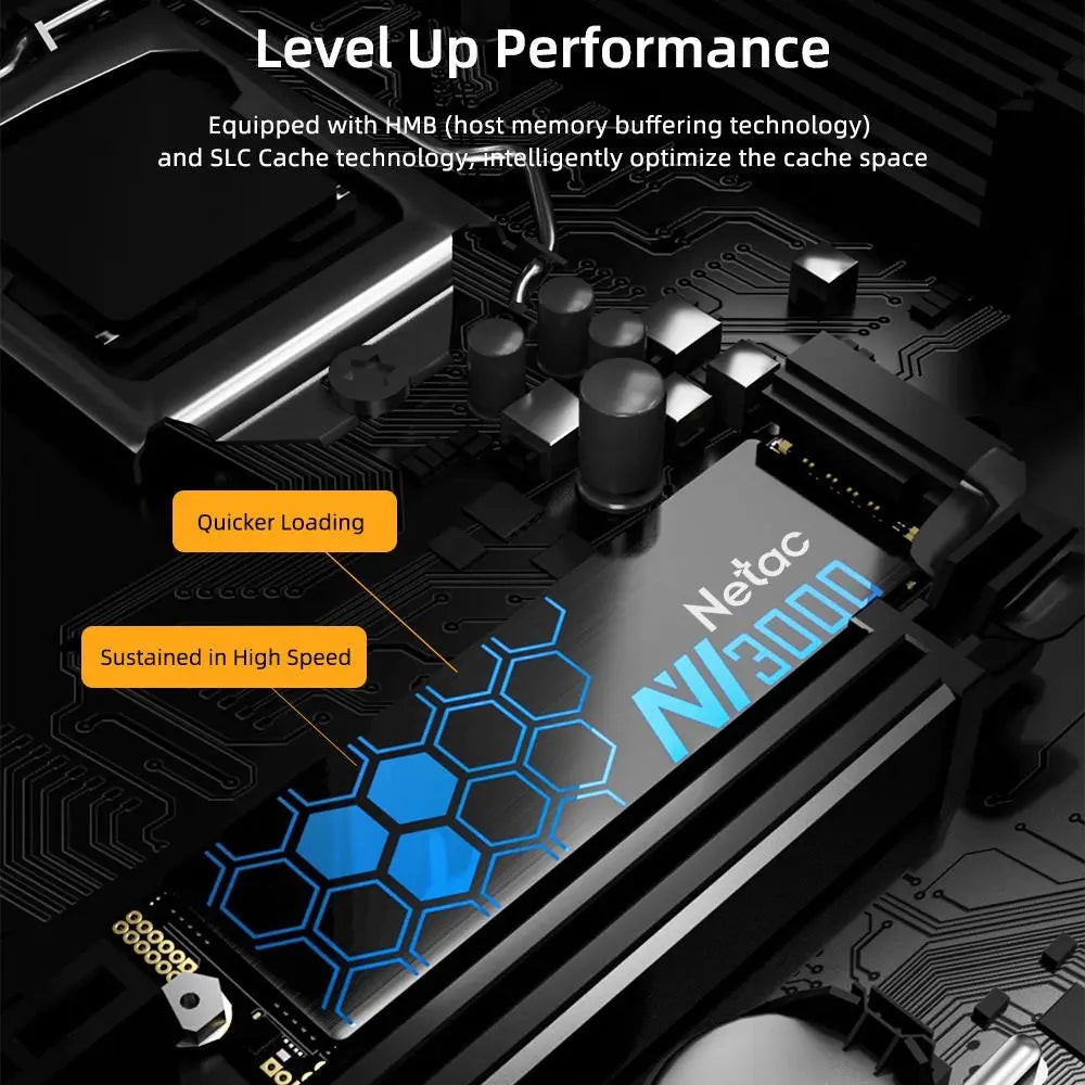 Netac NV3000 solid-state drive on a motherboard with text highlighting performance features.